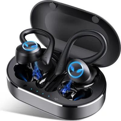 A pair of black wireless earbuds with blue accents and a charging case.