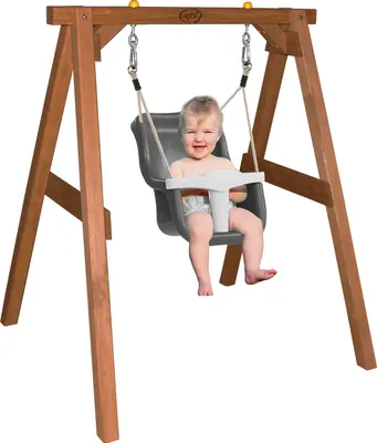 Immagine prodotto di AXI Altalena per bambini con telaio in legno e sedile in grigio/bianco | Altalena per bambini in legno in marrone | Altalena da esterno per bambini dai 9 mesi in poi