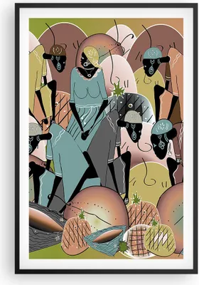 Produktbild von Gerahmtes Poster - Schwarzer Rahmen - Afrikanisch Grafik Frauen - 61x91,5 cm - Wand Bild - Wanddeko - Wandbilder - Kunstposter - Wandposter - Bilderrahmen - Bilder - Kunstdruck - P2BPA61x91-4555