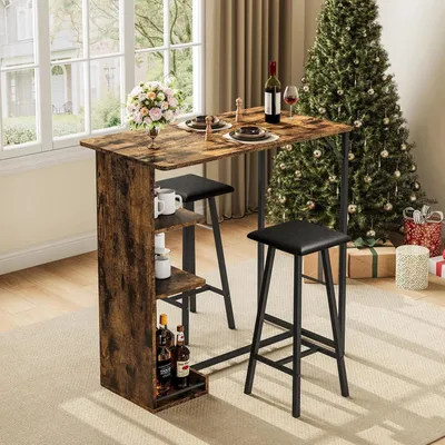 Immagine prodotto di Set da bar per 2 persone: tavolino da bar componibile in 3 pezzi con sgabelli ad altezza bancone. Include ripiani per riporre oggetti. Design salvaspazio, ideale per cucine o appartamenti piccoli. Sgabelli imbottiti. Colore: marrone