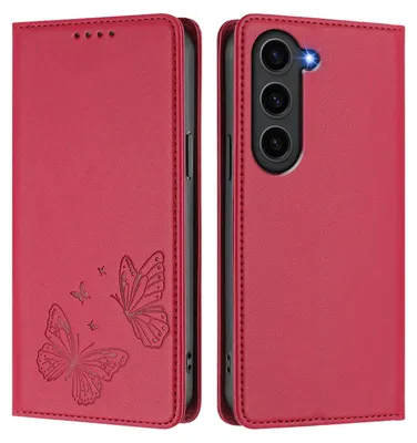Obrázek produktu pro Kožené pouzdro pro Samsung Galaxy S23+, motýlí ražbou, peněženkové flip pouzdro se stojánkem Červená
