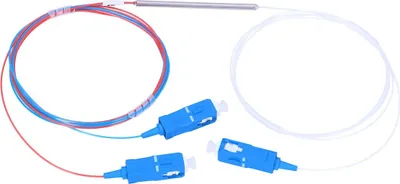 A close-up shot of a fiber optic splitter with blue and red cables and white connectors against a white background.