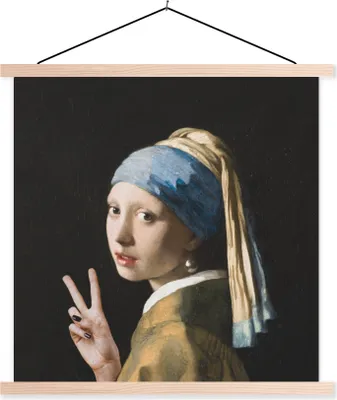 Produktbild von MuchoWow® Textilposter Das Mädchen mit dem Perlenohrring - Vermeer - Kunst 120x120 cm mit holzfarbenen Rahmen - Textil-Poster