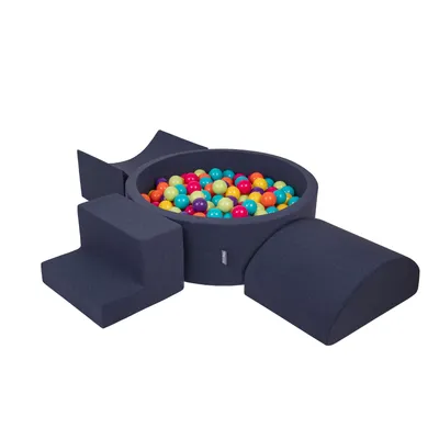 Obrázok produktu pre KiddyMoon Mäkké penové ihrisko pre deti s guľatým loptičkovým ihriskom (200 ∅ 7 cm) s mäkkými prekážkami a loptičkovým bazénom, vyrobené v EÚ, Tmavomodrá:Svetlo zelená/Žltá/Tyrkysová/Ora