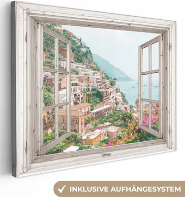 Produktbild von MuchoWow® - Leinwandbilder - Ausblick - Italien - Blumen - Meer - Küste - Stadt - Berge, Wandbild, Wanddeko Bilder Wohnzimmer, 40x30 cm