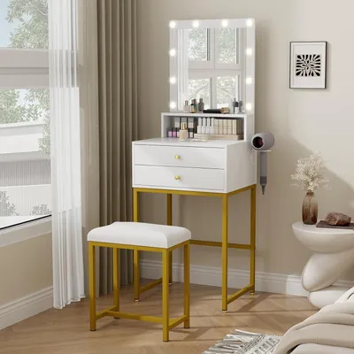 Image de Coiffeuse éclairage LED miroir blanc or 3 couleurs 2 tiroirs étagères