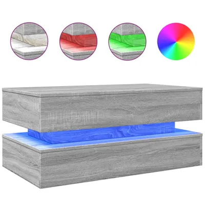 A modern gray coffee table with blue LED lighting.
