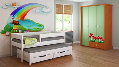 Produktbild von Ausziehbett 'Mareto' 200x90 Kinderbett mit Rausfallschutz & Lattenrost weiß 90 x 200 für Mädchen und Jungen Massivholz Kiefer und MDF Möbelplatte,