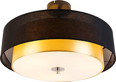 Produktbild von QAZQA - Moderne Deckenleuchte I Deckenlampe I Lampe I Leuchte schwarz mit Gold I Messing 50 cm 3-flammig - Drum mit Schirm Duo I Wohnzimmer I Schlafzimmer - Textil Zylinder - LED geeignet E27