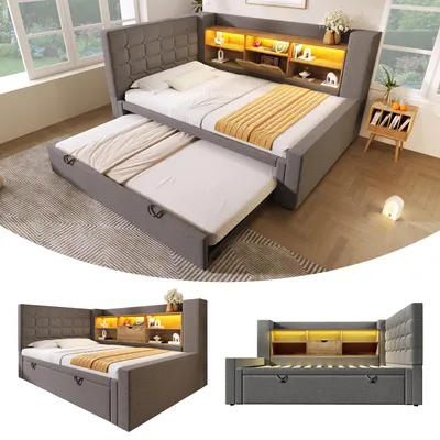 Produktbild von Polsterbett Bett 90x200 cm mit Ausziehbett 90x190, und LED-Beleuchtung,Struraumbett, L-förmigem Kopfteil mit Stauraum, beidseitig montierbar