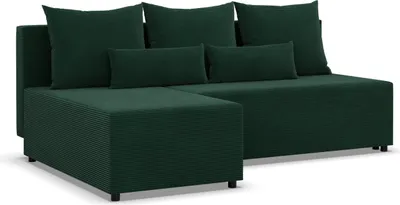 A dark green sectional sofa with multiple cushions.