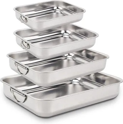 Produktbild von Unyqoos® 4‑teiliges Edelstahl-Auflaufformen-Set – rechteckige Backformen 40×28 / 35×26 / 30×22 / 25×18 cm (H 4,5 cm), einklappbare Griffe, ofenfest bis 220 °C, spülmaschinenfest