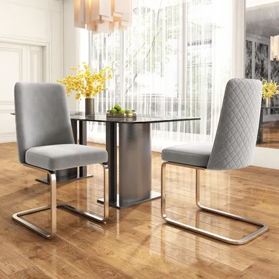 Image de Sweiko Chaise de salle à manger en velours, lot de 2, luxueuse, salon, chambre, fauteuil lounge, design dos en diamant, avec pieds de support en métal argenté, gris
