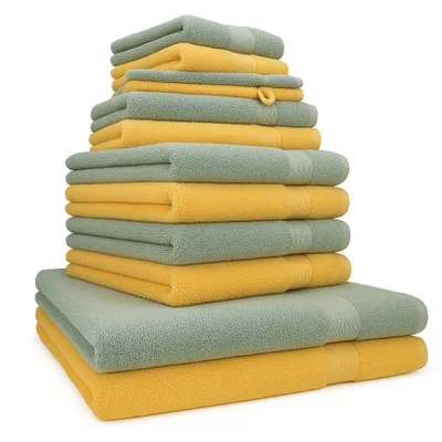 Produktbild von Betz 12-tlg. Handtuch-Set PREMIUM 2 Duschtücher 4 Handtücher 2 Gästetücher 2 Seiftücher 2 Waschhandschuhe  Farbe: honiggelb / heugrün