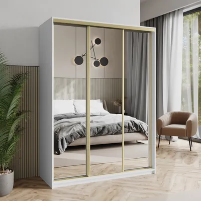 Produktbild von Masseno Schiebetürenschrank RIEN 150/205/60 cm Kleiderschrank mit Schubladen Schlafzimmer Schrank 3-türig mit Spiegel Weiß + Gold