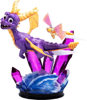 A statue of Spyro the Dragon and Sparx the dragonfly, with purple crystals and blue water elements.
