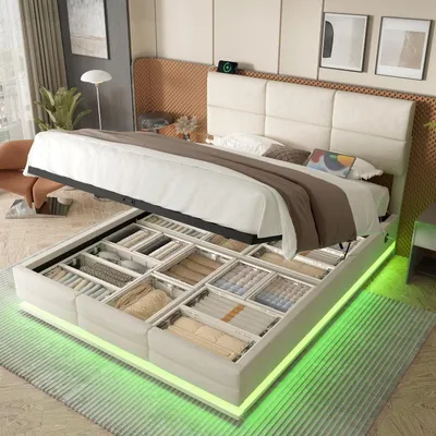 Zdjęcie produktu dla Łóżko tapicerowane o wymiarach 180x200 cm w kolorze beżowym, z regulowaną wysokością zagłówka, portami USB/Type-C, regulowanym oświetleniem LED i pojemnikiem na pościel