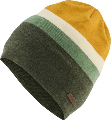 Beanie in Gelb; Grün und Weiß mit gestreiftem Design; hergestellt von Edelrid; geeignet für Outdoor-Aktivitäten.
