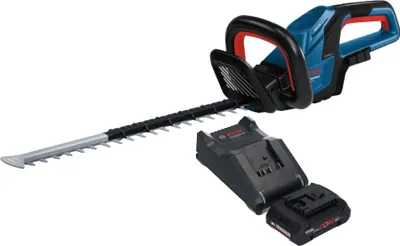 A cordless hedge trimmer with a battery and charger, displayed against a white background.