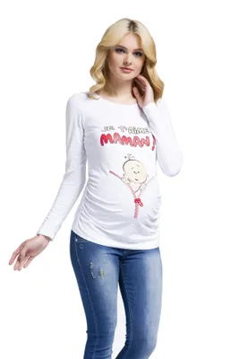 Immagine prodotto di Maglietta premaman manica lunga Je t’aime Maman – abbigliamento premaman donna, 95% cotone, bianco, taglia L