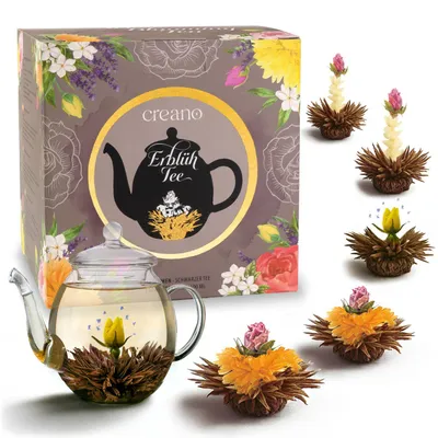 Produktbild von ErblühTee-Geschenkset im modernen Blumen-Design mit Glaskanne, Schwarztee (6 Teerosen / 3 Sorten)