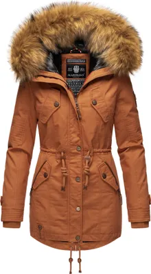 Marikoo La Viva Princess Eleganter Damen Winter Parka mit Kapuze und Kunstpelzbesatz Wintermantel Vegan Rusty Cinnamon Gr. 36 - S