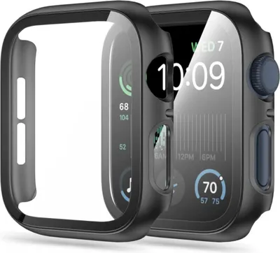 A protective case for an Apple Watch is shown next to the watch itself.