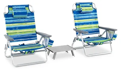 Produktbild von KOMFOTTEU Strandstühle klappbar mit Tisch, Campingstühle mit Kopfstütze & Verstellbarer Rückenlehne, Beachchair mit Eisbeutel & Getränkehalter & Aufbewahrungstasche, Klappstuhl bis 136 kg (Blau)