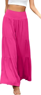 Produktbild von ASKSA Damen Leinenhose Sommer Elegant Hohe Taille Weites Bein Freizeithose Leichte Hosen, Rosarot, Groesse: XL