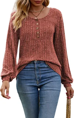 Image de ASKSA Femme T-shirt manches longues col rond noeuds côtelés Hauts Tunique Tops Pulls, Rouge Brique, L