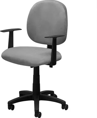 A gray office chair with black armrests and base, shown against a white background.