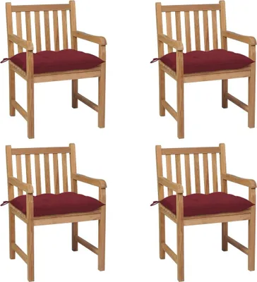 Produktbild von Gartenstühle 4 Stk. mit Weinroten Kissen Massivholz Teak