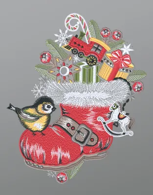 Produktbild von Fensterbild aus Plauener Spitze - Nikolausstiefel mit Vögelchen  (Bx H) 22cm * 26cm mehrfarbig Fensterdekoration Fensterschmuck