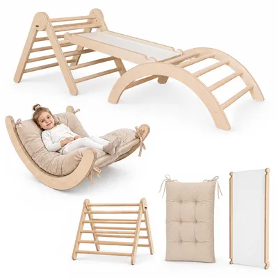 Obrázok produktu pre MAMOI® lezecký rám lezecký trojuholník vnútorný 4 v 1 SET. Montessori lezecký oblúk s vankúšmi, vnútorné ihrisko od 1 do 3 rokov a šmykľavka pre deti.