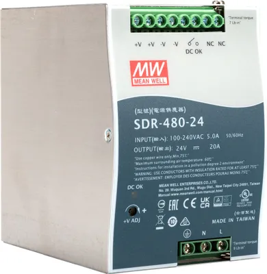 A close-up, angled view of a MEAN WELL SDR-480-24 power supply unit, showing its front and side panels with labeling and connectors.