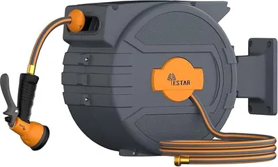 Produktbild von Schlauchtrommel 25m+2m, Schlauchaufroller mit Aufroll-Automatik & 180° Schwenkbar, Wand-Schlauchbox mit Arretierstop & 7 Muster Sprühdüse, für Gartenbewässerung & Autowäsche
