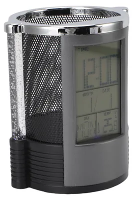 Imagen del producto de Soporte para bolígrafos con reloj electrónico, multifuncional, diseño colorido con iluminación, reloj de escritorio, calendario, organizador de escritorio con compartimentos de malla