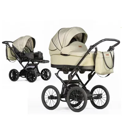 Produktbild von ZEKIWA 2 in 1 Kombikinderwagen mit Lederriemenfederung, 82 cm Liegefläche - einfaches Klappsystem + Sportwagenaufsatz + Wickeltasche - Olivschimmer