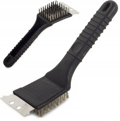 Two black grill brushes with metal bristles and scrapers are shown against a white background.