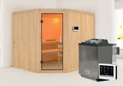 Produktbild von Karibu Sauna Innensauna Malin Eckeinstieg Ofen 9 kW  externe Strg easy 231x196x198 cm ohne Dachkranz mit Klarglastür