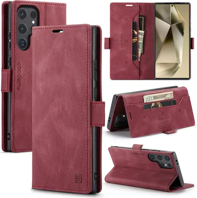 Image de Étui pour Samsung Galaxy S26 Ultra, étui en cuirPolyuréthanerétro, support et étui de protection rouge