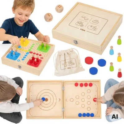 Productafbeelding van Viga Houten 4-in-1 Arcadespel Tafel Hockey Curling Bowling Ludo