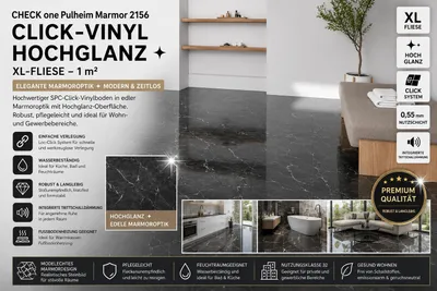 Produktbild von Click-Vinyl CHECK One 2156 Pulheim Marmor Hochglanz-Fliese XL inkl. Trittschall Standard -1m²