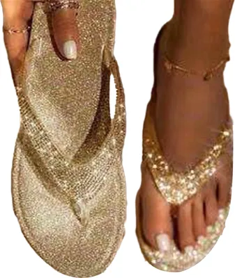 Produktbild von 1 Paar Strass-Hausschuhe mit flachem Absatz, offener Spitze, rutschfestes Tanga-Design, Strass, Alltagskleidung, Sommer, Damen, glitzernde flache Hausschuhe, Strandzubehör