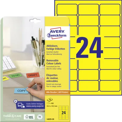 Produktbild von Avery Zweckform L6035-20 Farbige Etiketten, ablösbar, A4, 63,5 x 33,9 mm, 20 Bogen/480 Etiketten, gelb