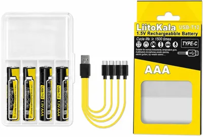 Immagine prodotto di Batterie agli ioni di litio Liitokala USB T12, connettore USB-C, 1,5V, tipo AAA, capacità 300mAh, 1200mWh, confezione da 4 pezzi