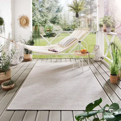 Produktbild von Steffensmeier Indoor Outdoor Teppich Nyland wasserfest Kunststoff Balkon Garten Flur, strapazierfähig und pflegeleicht, Punkte Grau, Größe: 80x150 cm