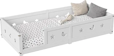 Zdjęcie produktu dla Łóżeczko dziecięce Montessori 90 x 200 cm z barierką ochronną i listwami, lite drewno sosnowe, białe