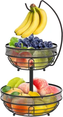 Produktbild von Obstkorb mit 2 Ebenen – Obstschale mit Etageren – Zur Organisation der Küche – Mit Bananenhalter – 27 x 27 x 52 cm