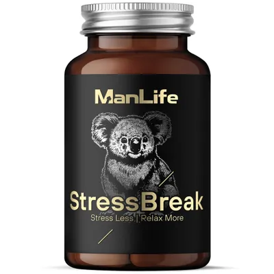 Produktbild von Anti-Stress Kapseln mit Ashwagandha, Baldrian, Melisse, Passionsblume, Tryptophan | ManLife StressBreak 90 vegane Kapseln für Ruhe & Schlaf